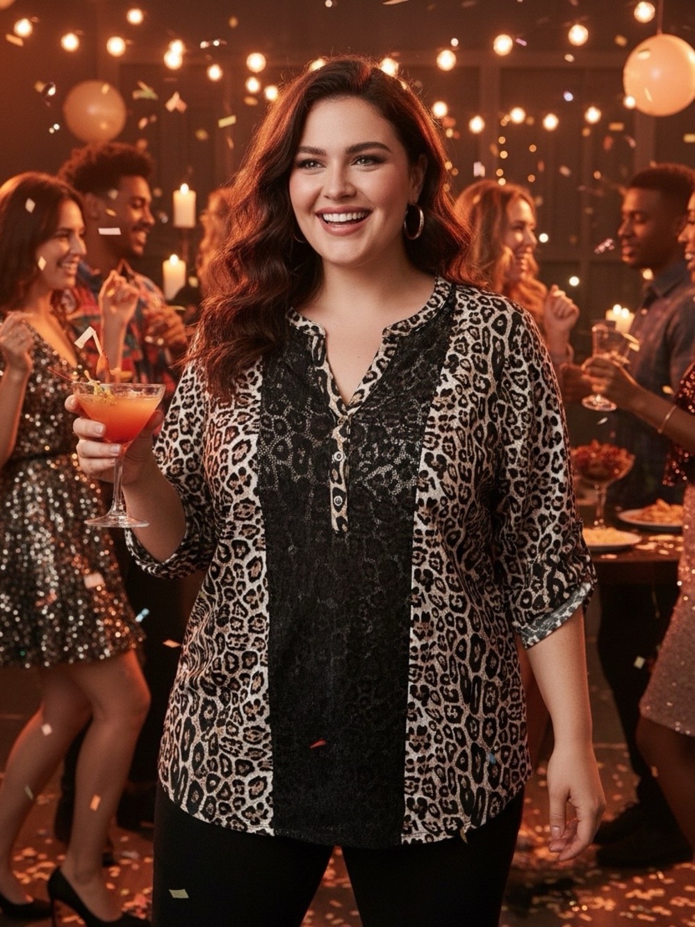 Siren Lily Leopard Print Lace-Front Blouse in Black and Tan